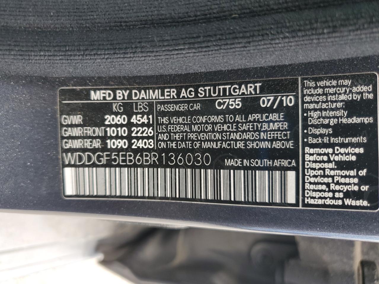 2011 Mercedes-Benz C 300 VIN: WDDGF5EB6BR136030 Lot: 57352905