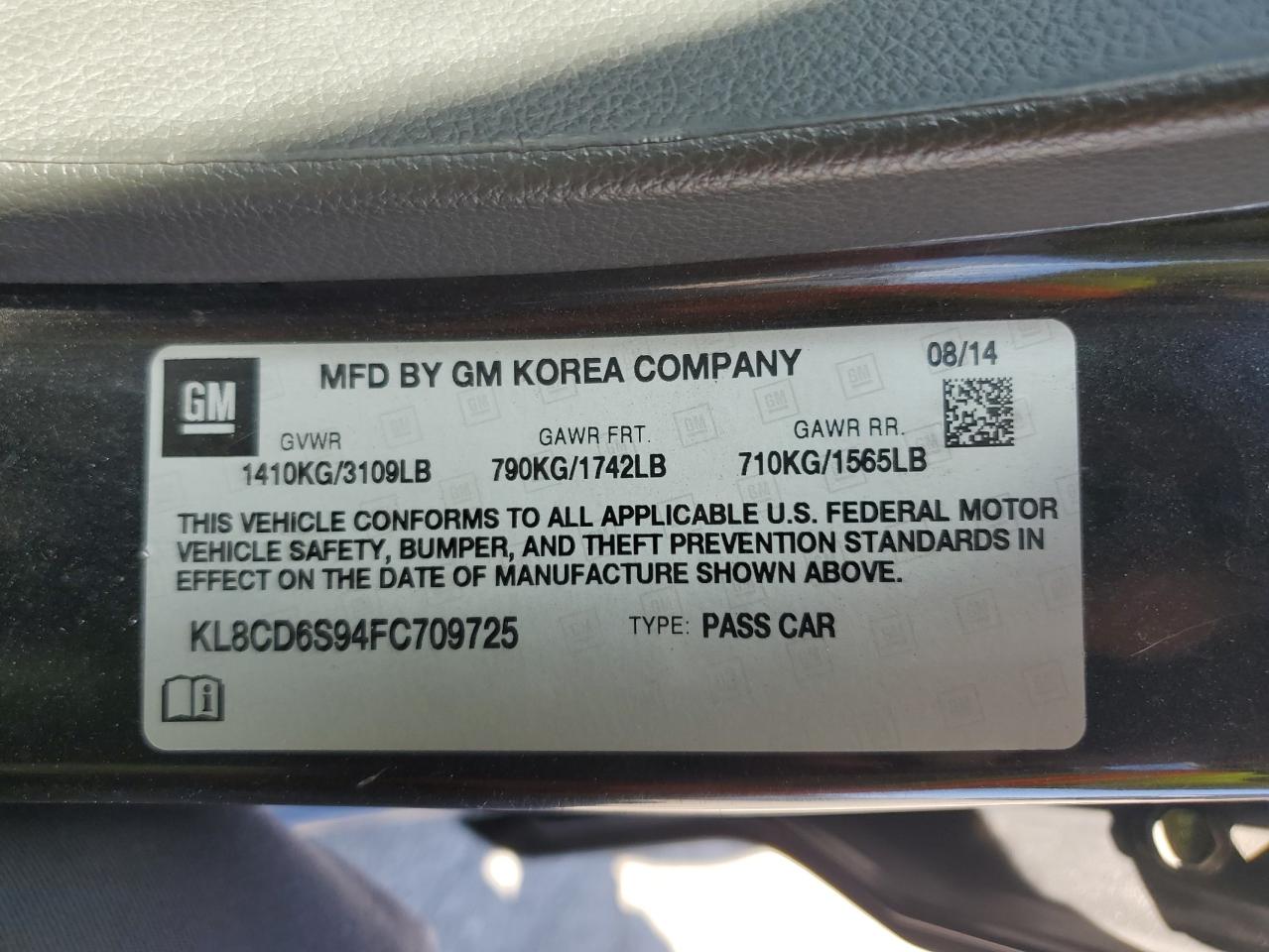 2015 Chevrolet Spark 1Lt VIN: KL8CD6S94FC709725 Lot: 62760915