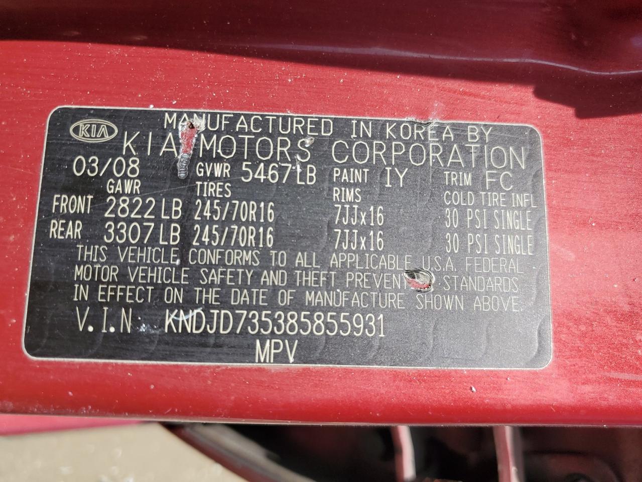 2008 Kia Sorento Ex VIN: KNDJD735385855931 Lot: 59096705