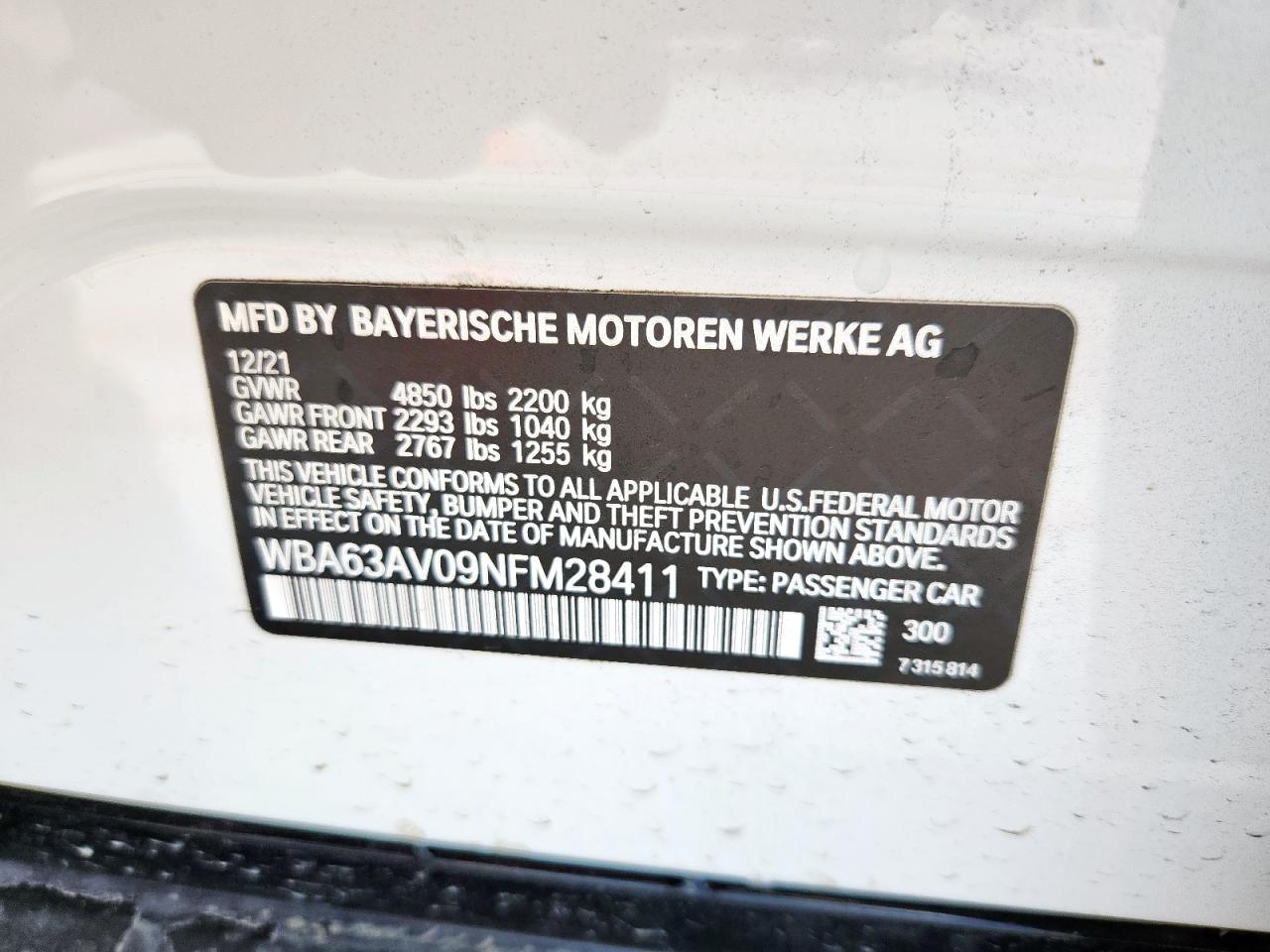 2022 BMW 430I Gran Coupe VIN: WBA63AV09NFM28411 Lot: 62707735