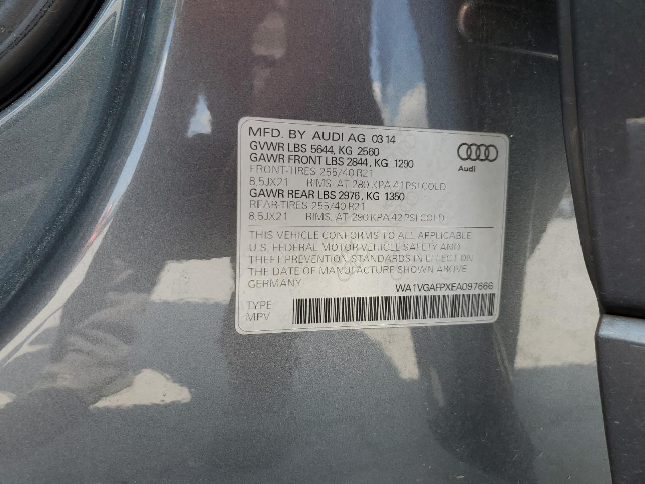 2014 Audi Sq5 Prestige VIN: WA1VGAFPXEA097666 Lot: 62520445