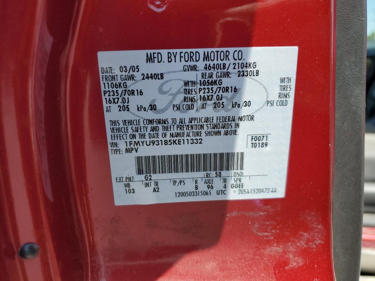 2005 Ford Escape Xlt VIN: 1FMYU93185KE11332 Lot: 59561335