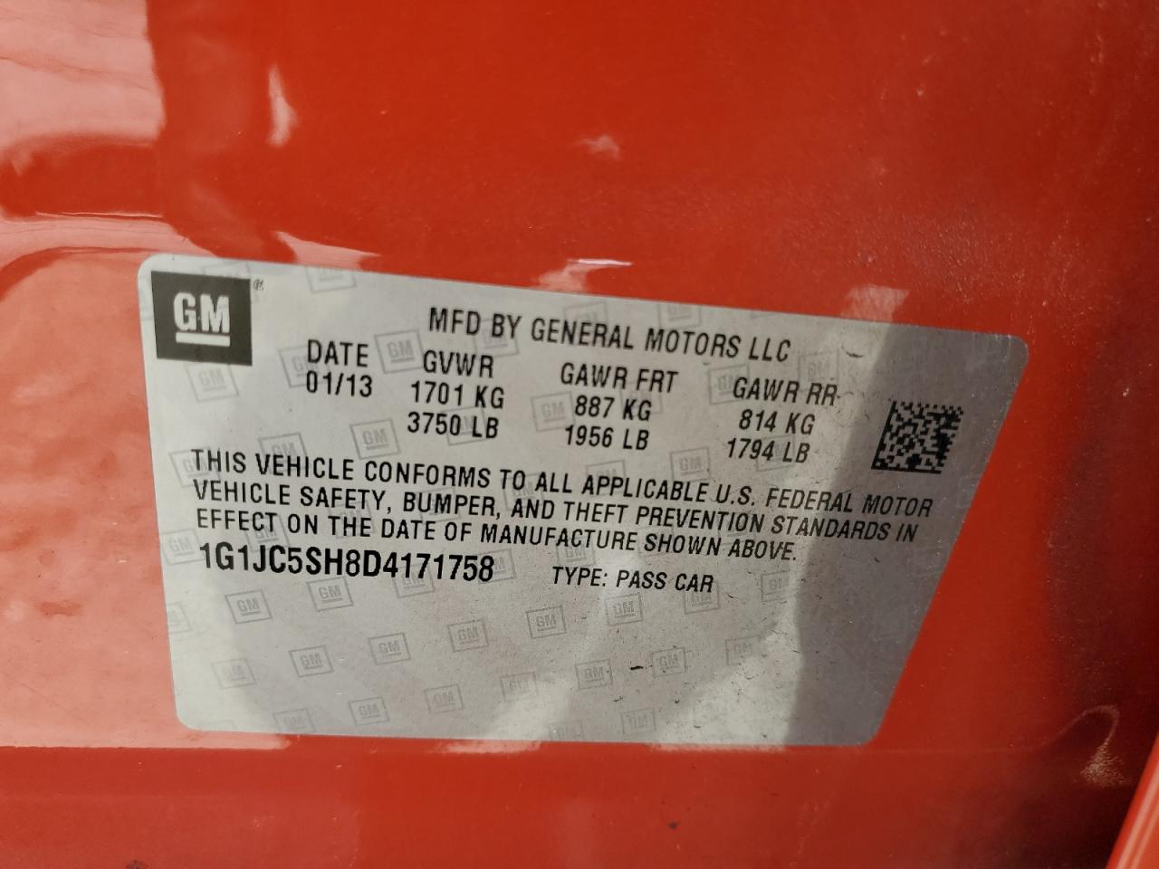 2013 Chevrolet Sonic Lt VIN: 1G1JC5SH8D4171758 Lot: 61480205
