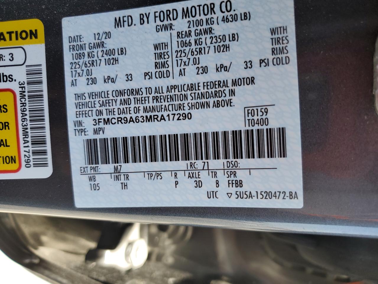 2021 Ford Bronco Sport VIN: 3FMCR9A63MRA17290 Lot: 61192705