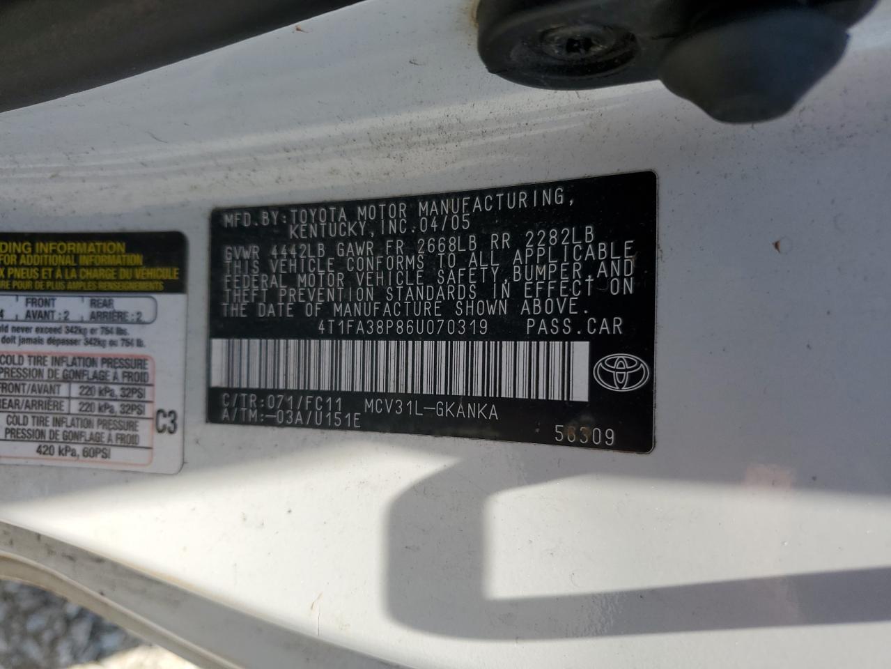 2006 Toyota Camry Solara Se VIN: 4T1FA38P86U070319 Lot: 62129055