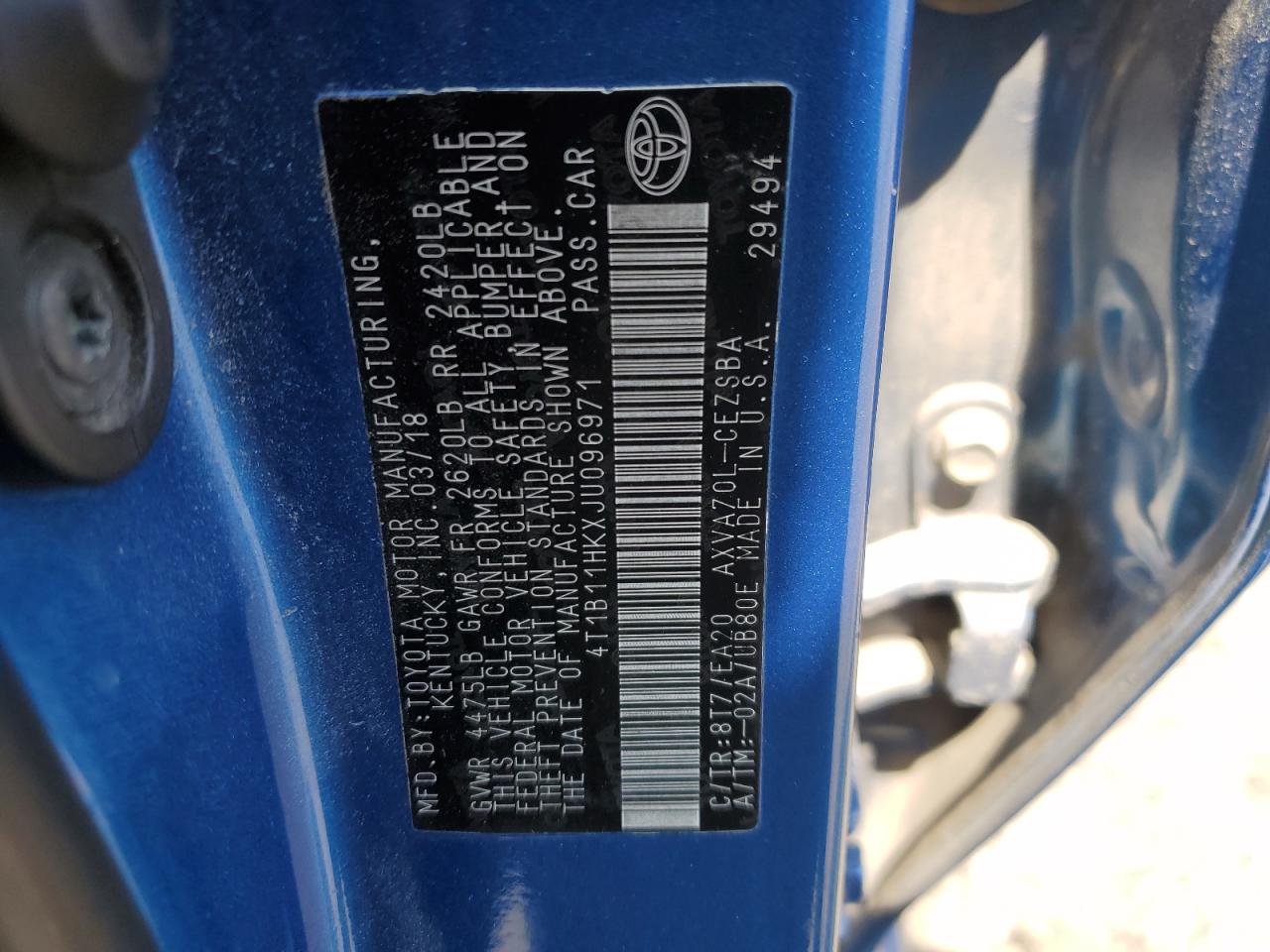 2018 Toyota Camry L VIN: 4T1B11HKXJU096971 Lot: 61788955