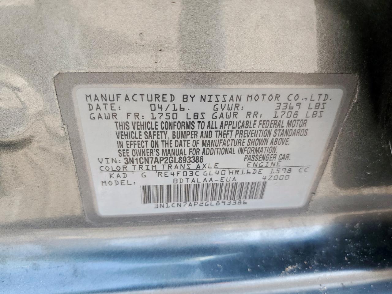 2016 Nissan Versa S VIN: 3N1CN7AP2GL893386 Lot: 62690355