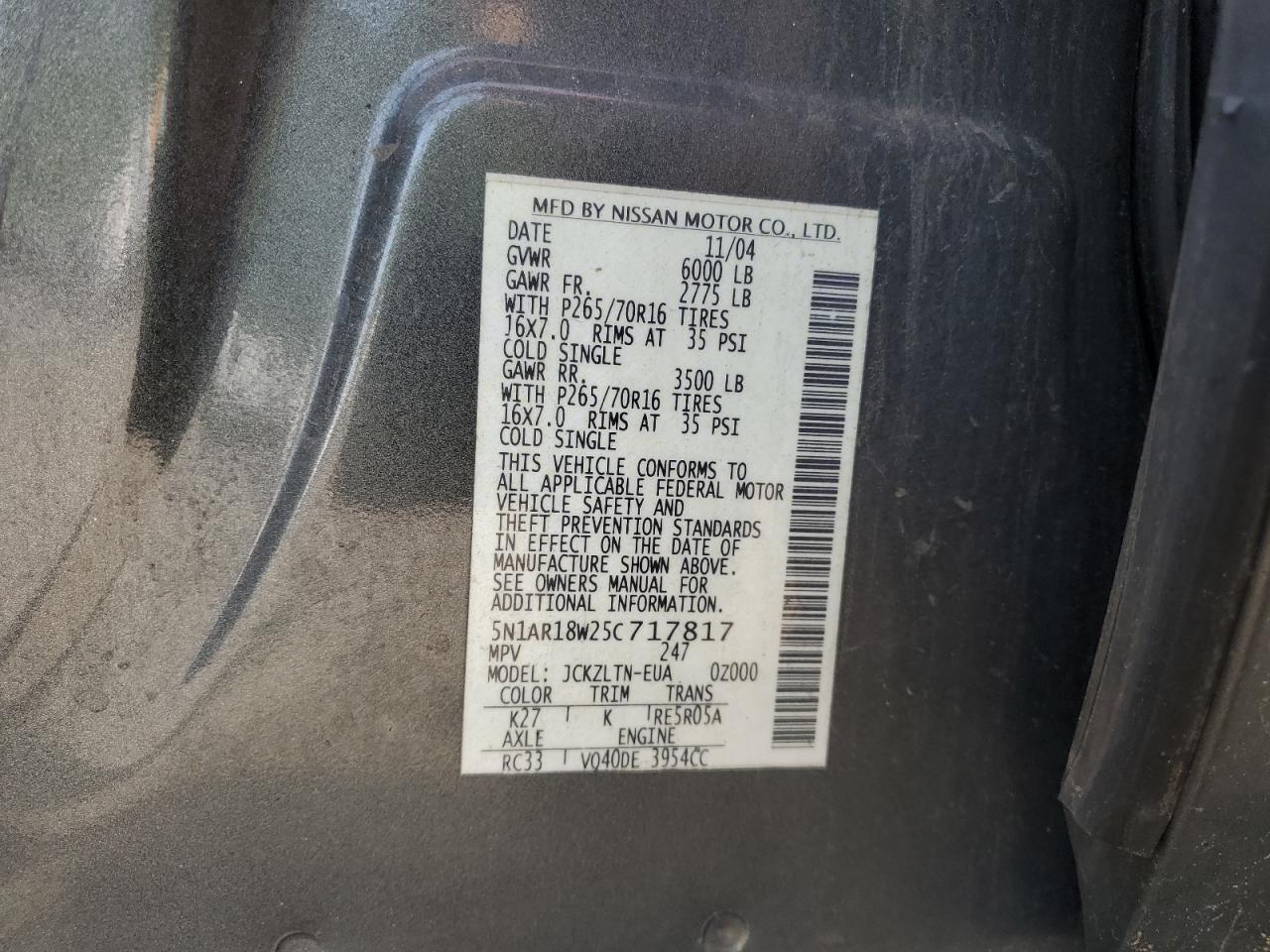 2005 Nissan Pathfinder Le VIN: 5N1AR18W25C717817 Lot: 59278375