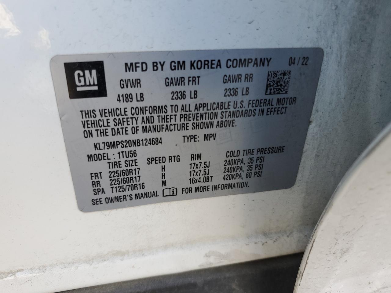 2022 Chevrolet Trailblazer Lt VIN: KL79MPS20NB124684 Lot: 62757035