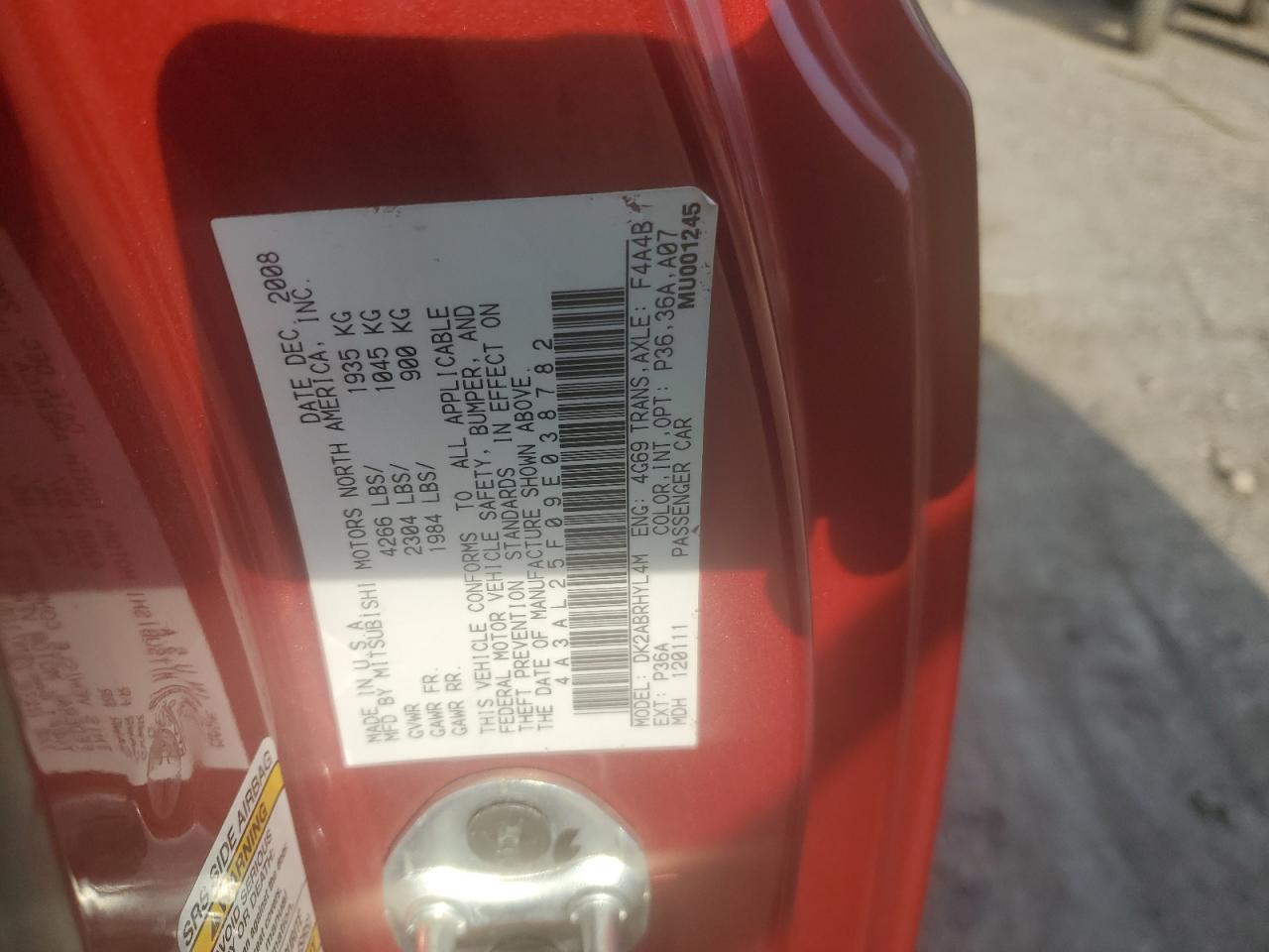 2009 Mitsubishi Eclipse Spyder Gs VIN: 4A3AL25F09E038782 Lot: 60027765