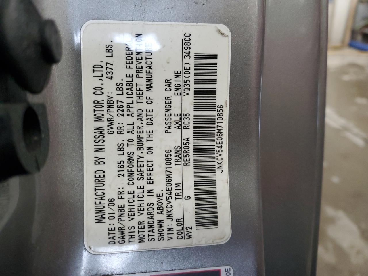 2006 Infiniti G35 VIN: JNKCV54E06M710856 Lot: 62859045