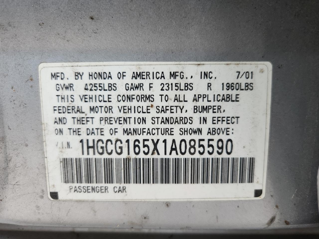 2001 Honda Accord Ex VIN: 1HGCG165X1A085590 Lot: 59675515