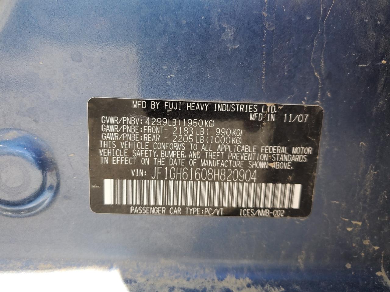 2008 Subaru Impreza 2.5I VIN: JF1GH61608H820904 Lot: 62822695