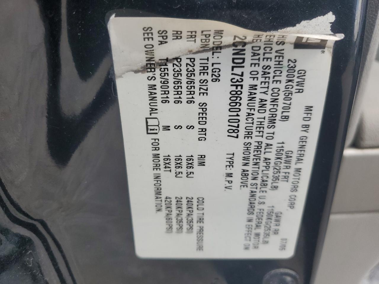 2006 Chevrolet Equinox Lt VIN: 2CNDL73F866010787 Lot: 60268415