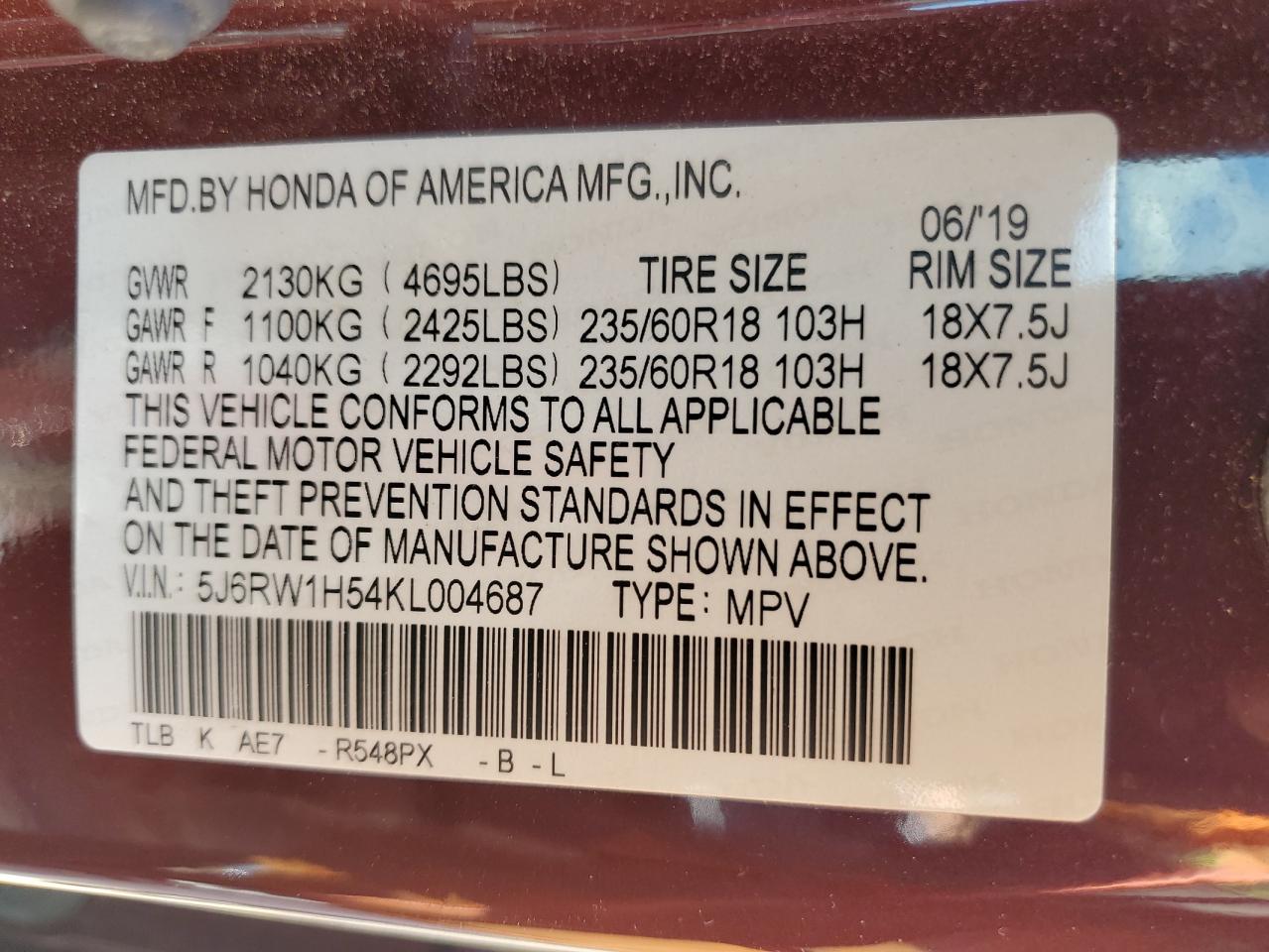 2019 Honda Cr-V Ex VIN: 5J6RW1H54KL004687 Lot: 62534195