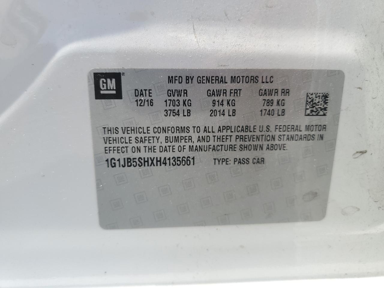 2017 Chevrolet Sonic Ls VIN: 1G1JB5SHXH4135661 Lot: 61200805