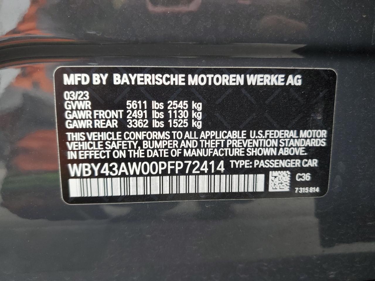 2023 BMW I4 Edrive 35 VIN: WBY43AW00PFP72414 Lot: 60375905