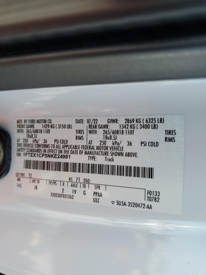 2022 Ford F150 Super Cab VIN: 1FTEX1CP5NKE24981 Lot: 62504665