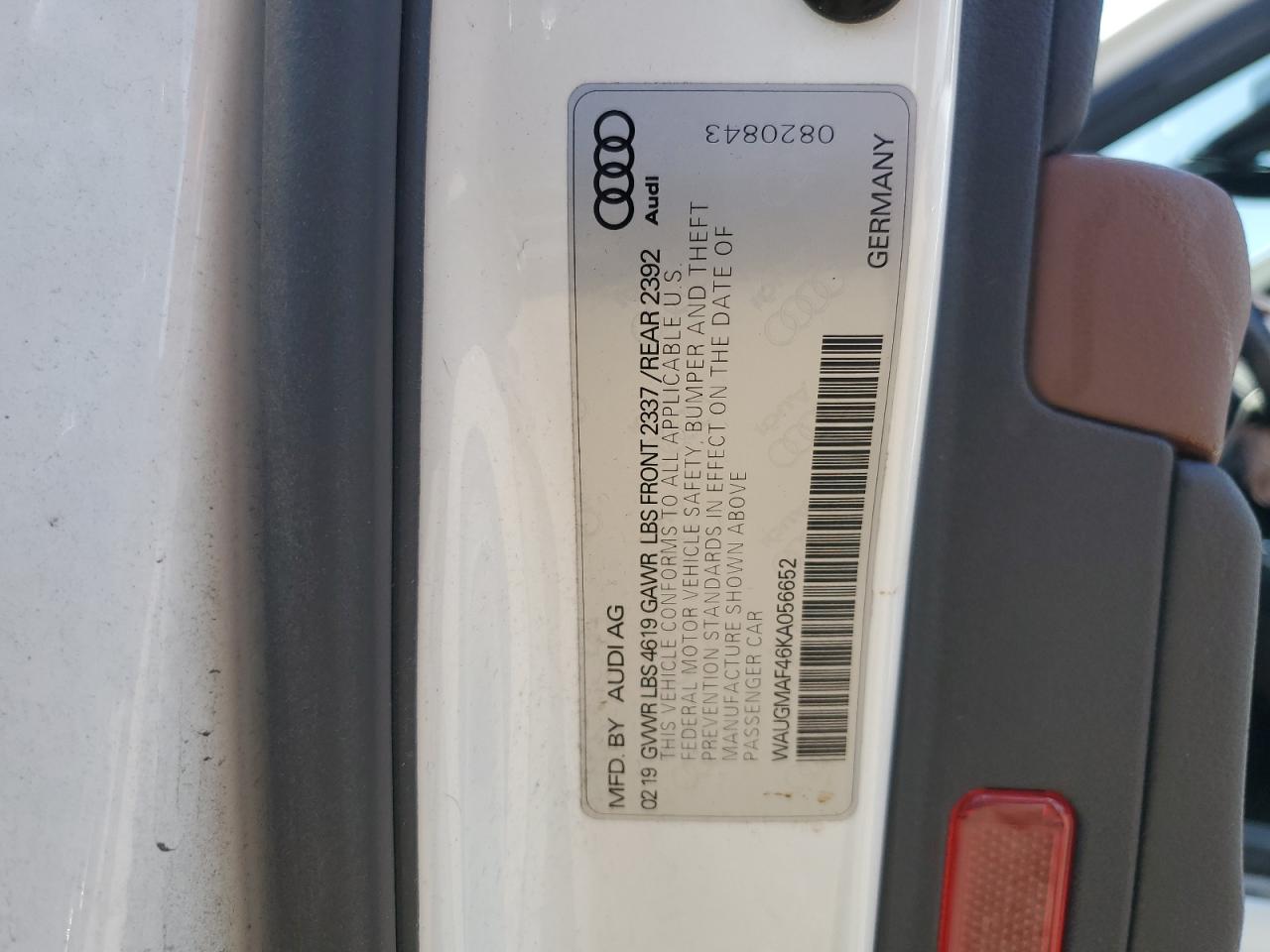 2019 Audi A4 Premium VIN: WAUGMAF46KA056652 Lot: 62105815