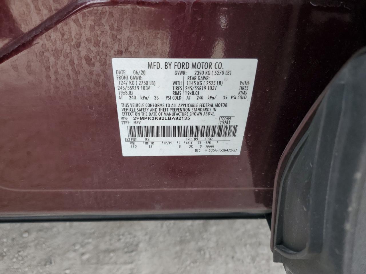 2020 Ford Edge Titanium VIN: 2FMPK3K92LBA92135 Lot: 59586565