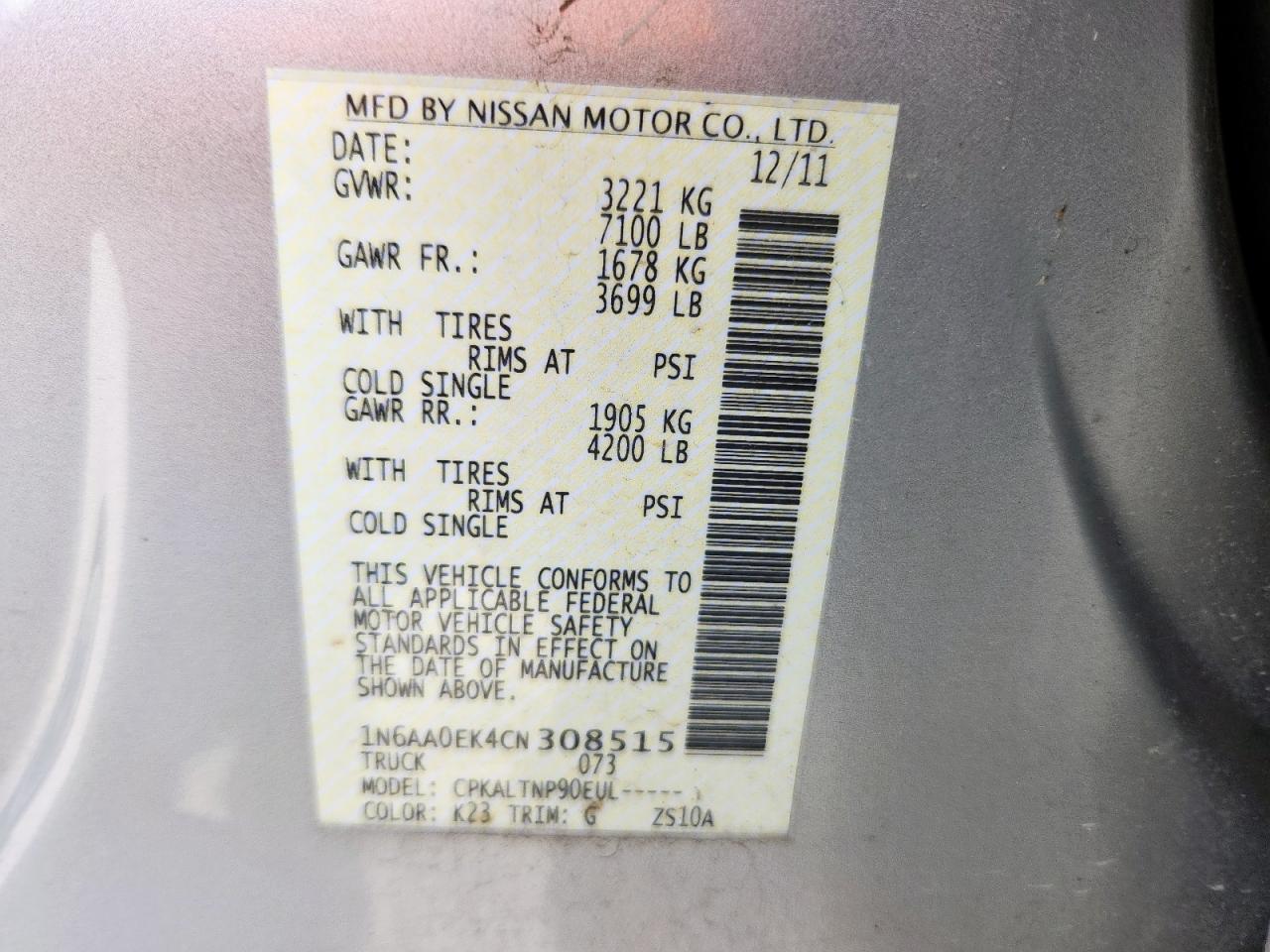 2012 Nissan Titan S VIN: 1N6AA0EK4CN308515 Lot: 61678765