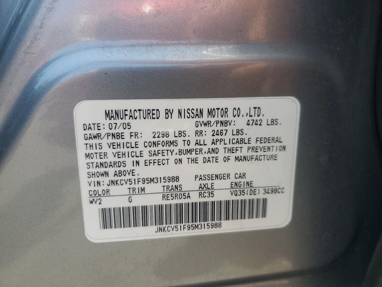 2005 Infiniti G35 VIN: JNKCV51F95M315988 Lot: 61759225