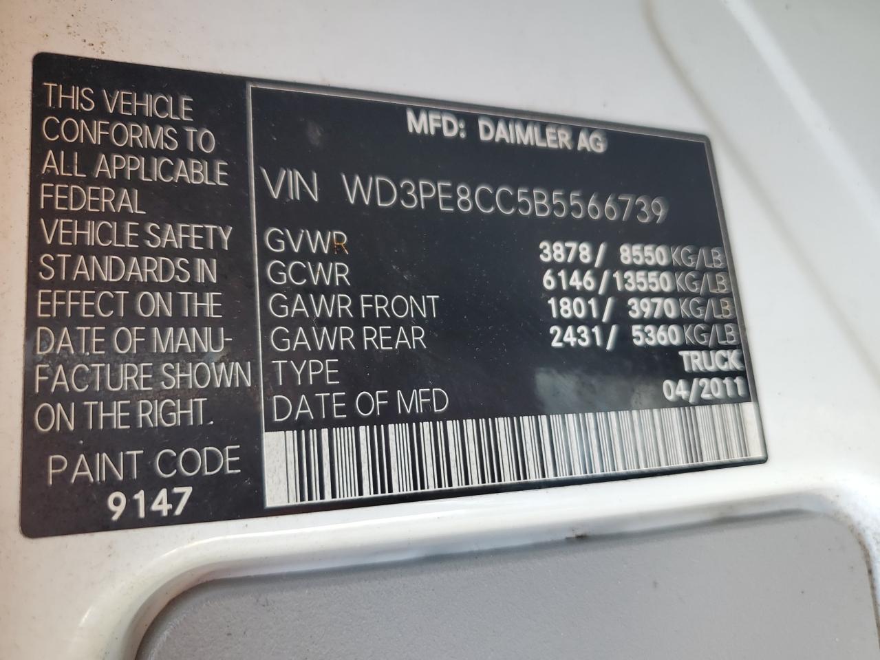 2011 Mercedes-Benz Sprinter 2500 VIN: WD3PE8CC5B5566739 Lot: 62570895