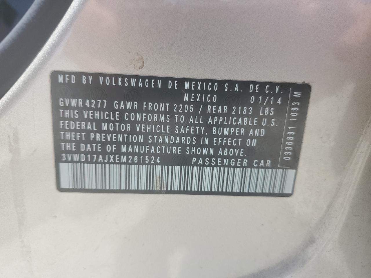 2014 Volkswagen Jetta Se VIN: 3VWD17AJXEM261524 Lot: 63087205