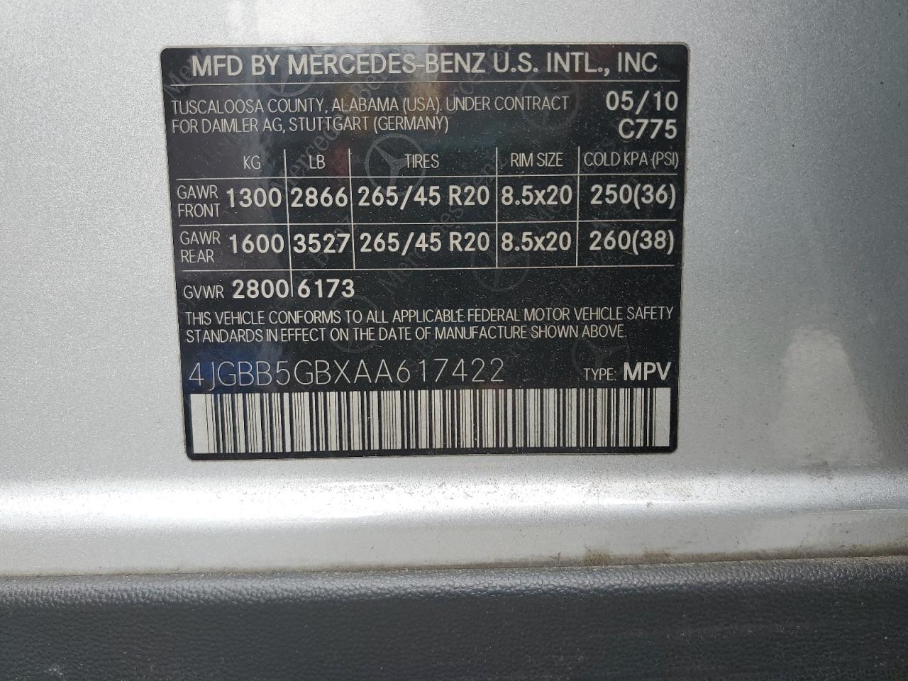 2010 Mercedes-Benz Ml 350 VIN: 4JGBB5GBXAA617422 Lot: 62193205