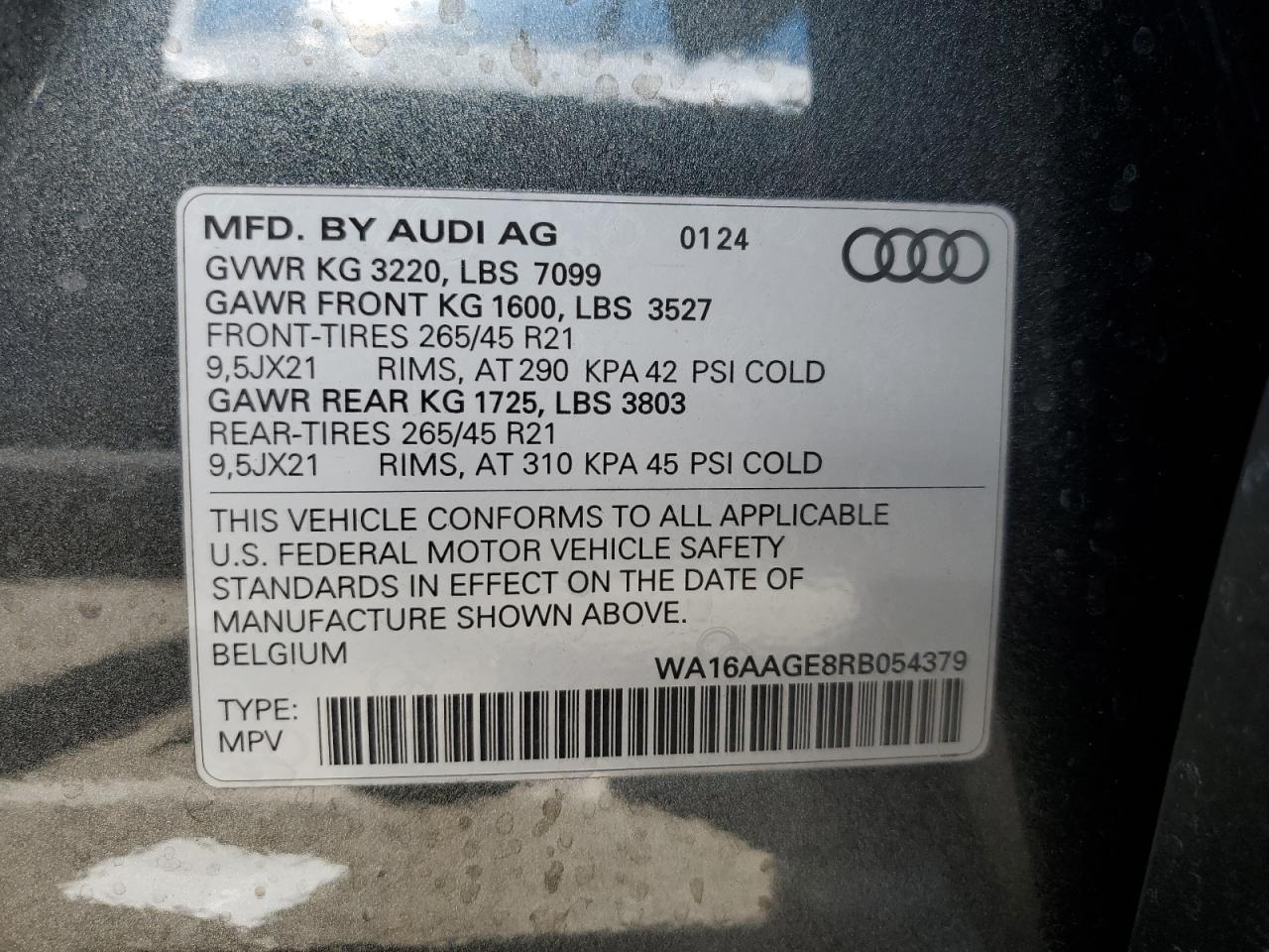 2024 Audi Q8 E-Tron Prestige VIN: WA16AAGE8RB054379 Lot: 62663175