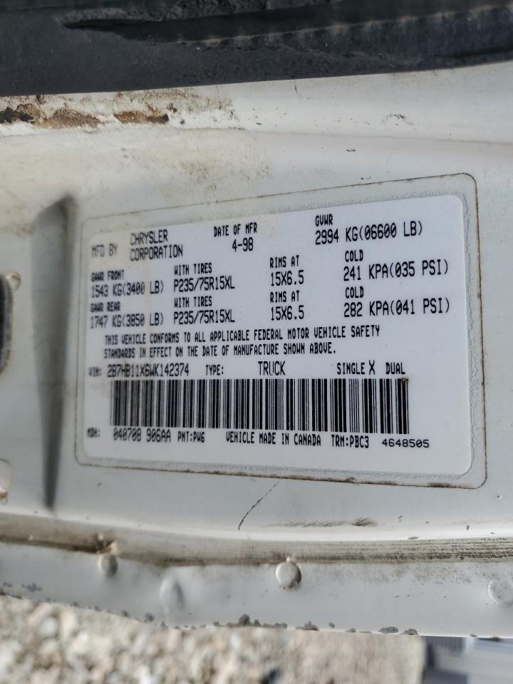 1998 Dodge Ram Van B1500 VIN: 2B7HB11X6WK142374 Lot: 59325885