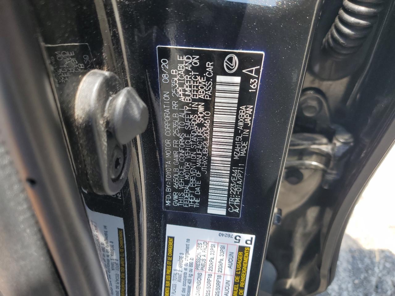 2020 Lexus Ux 250H VIN: JTHX9JBH2L2034610 Lot: 62195585