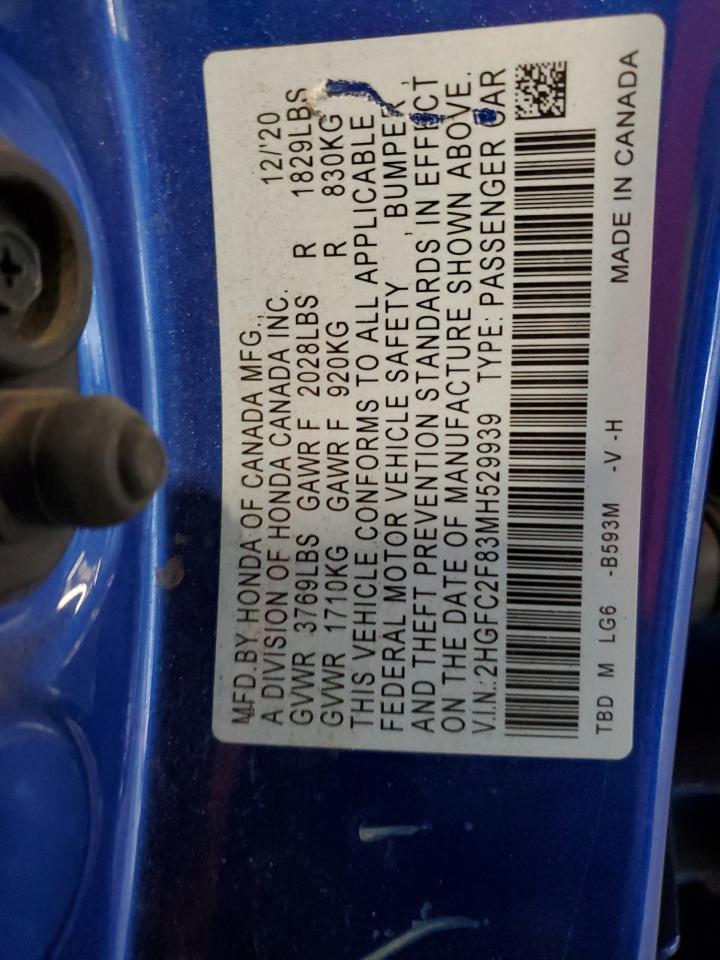 2021 Honda Civic Sport VIN: 2HGFC2F83MH529939 Lot: 59817865