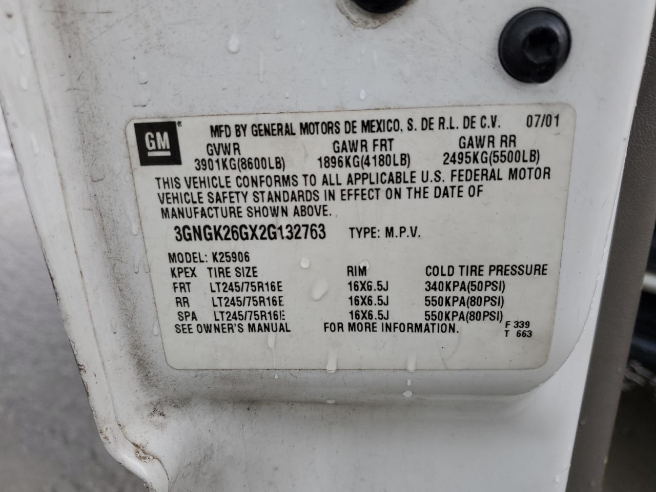 2002 Chevrolet Suburban K2500 VIN: 3GNGK26GX2G132763 Lot: 59741425