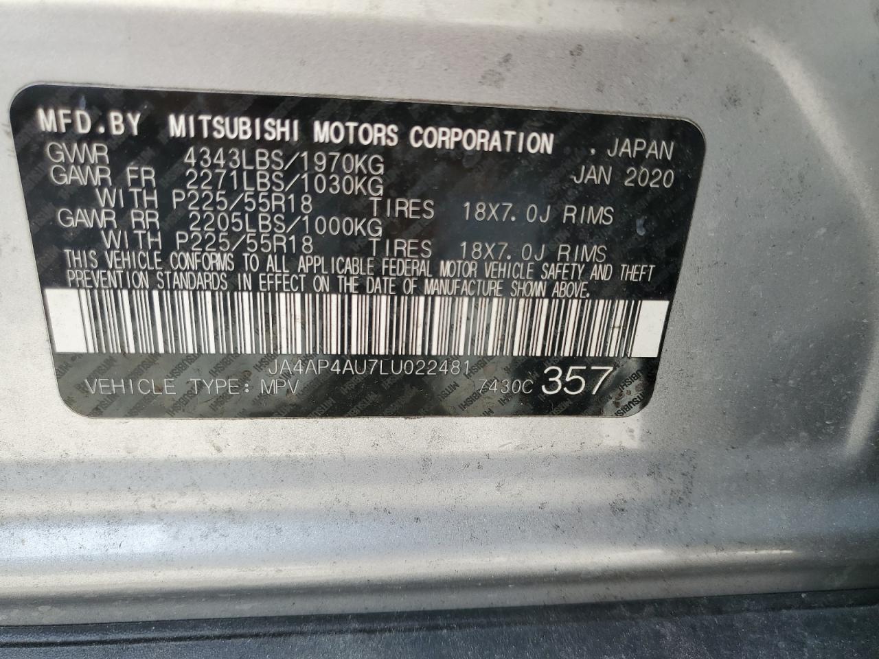 2020 Mitsubishi Outlander Sport Se VIN: JA4AP4AU7LU022481 Lot: 62902675