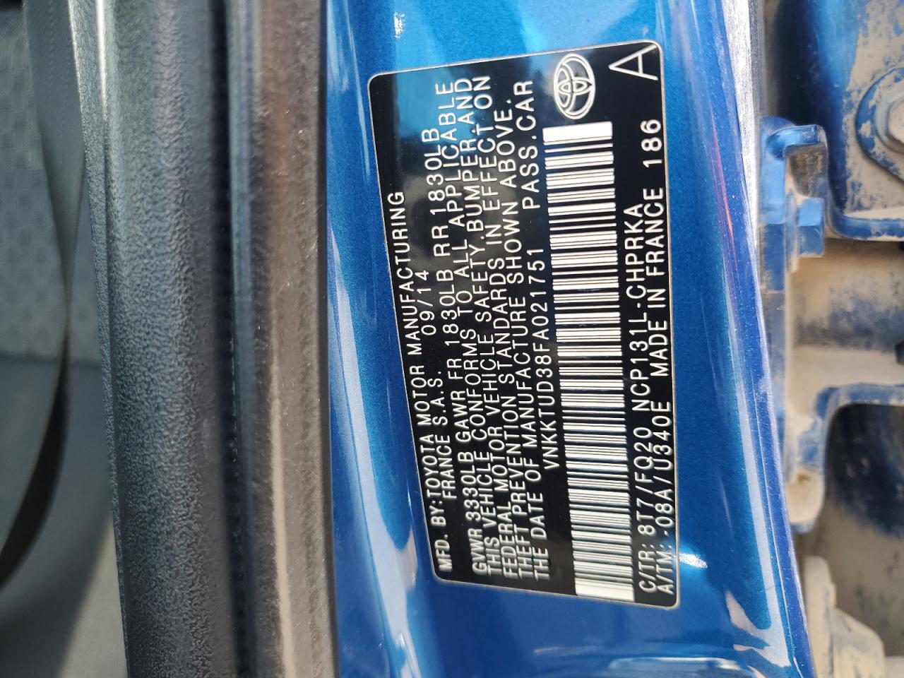 2015 Toyota Yaris VIN: VNKKTUD38FA021751 Lot: 62428845