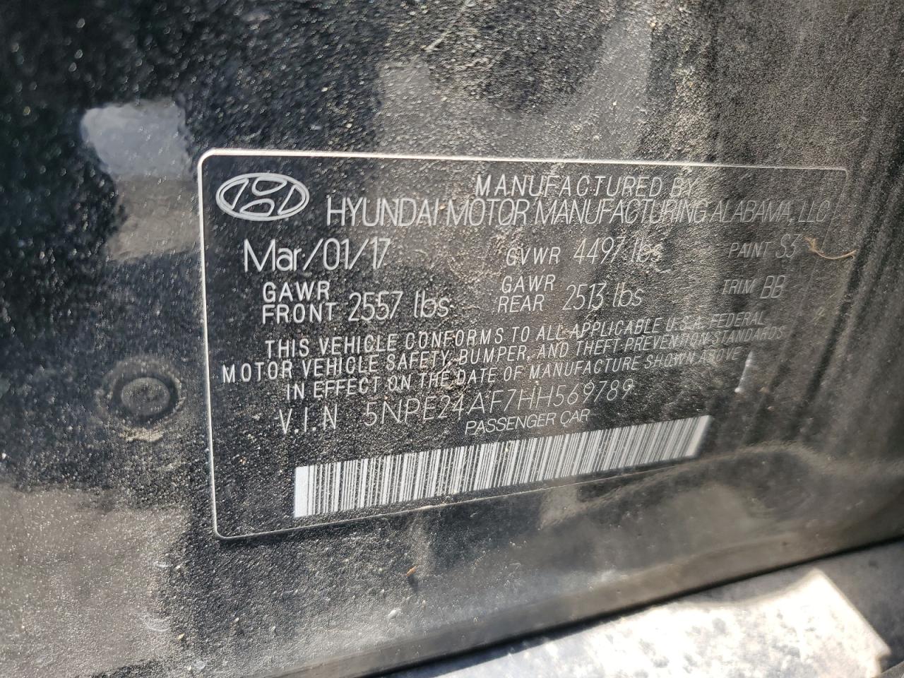 2017 Hyundai Sonata Se VIN: 5NPE24AF7HH569789 Lot: 62884305