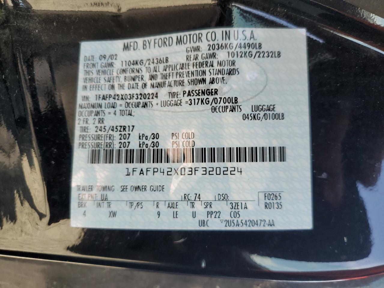 2003 Ford Mustang Gt VIN: 1FAFP42X03F320224 Lot: 60493405