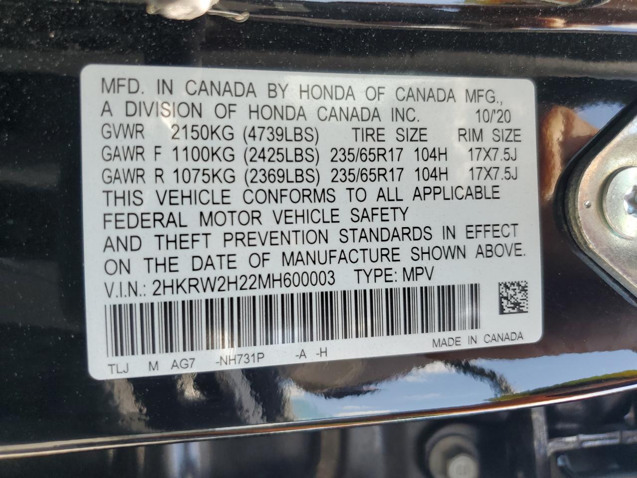 2021 Honda Cr-V Lx VIN: 2HKRW2H22MH600003 Lot: 62426265