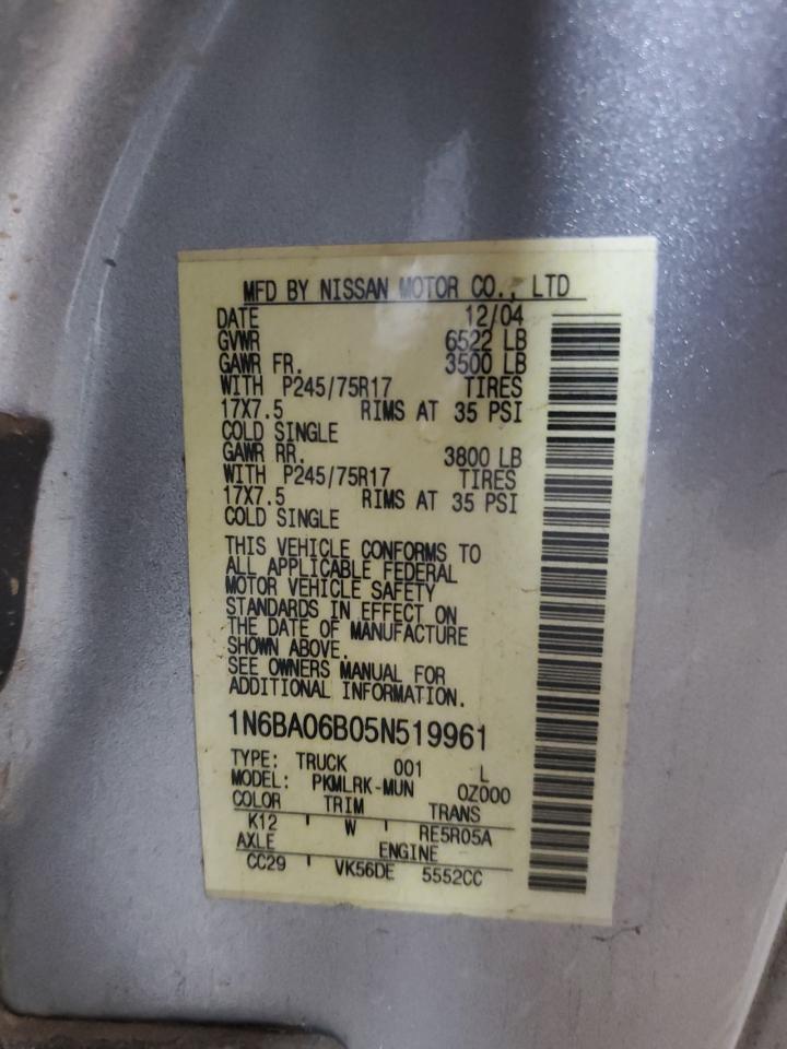 2005 Nissan Titan Xe VIN: 1N6BA06B05N519961 Lot: 62262905