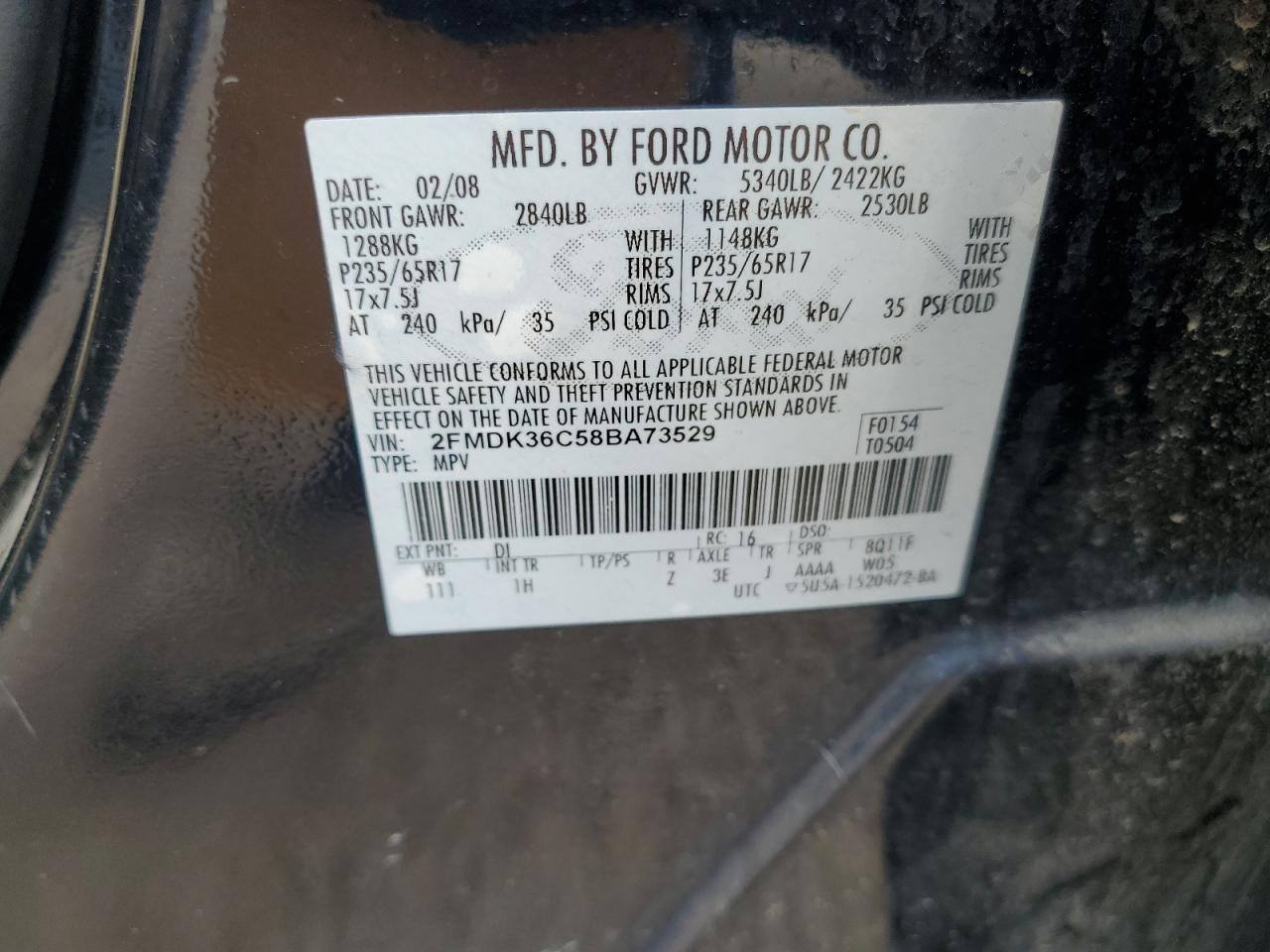 2008 Ford Edge Se VIN: 2FMDK36C58BA73529 Lot: 62549005