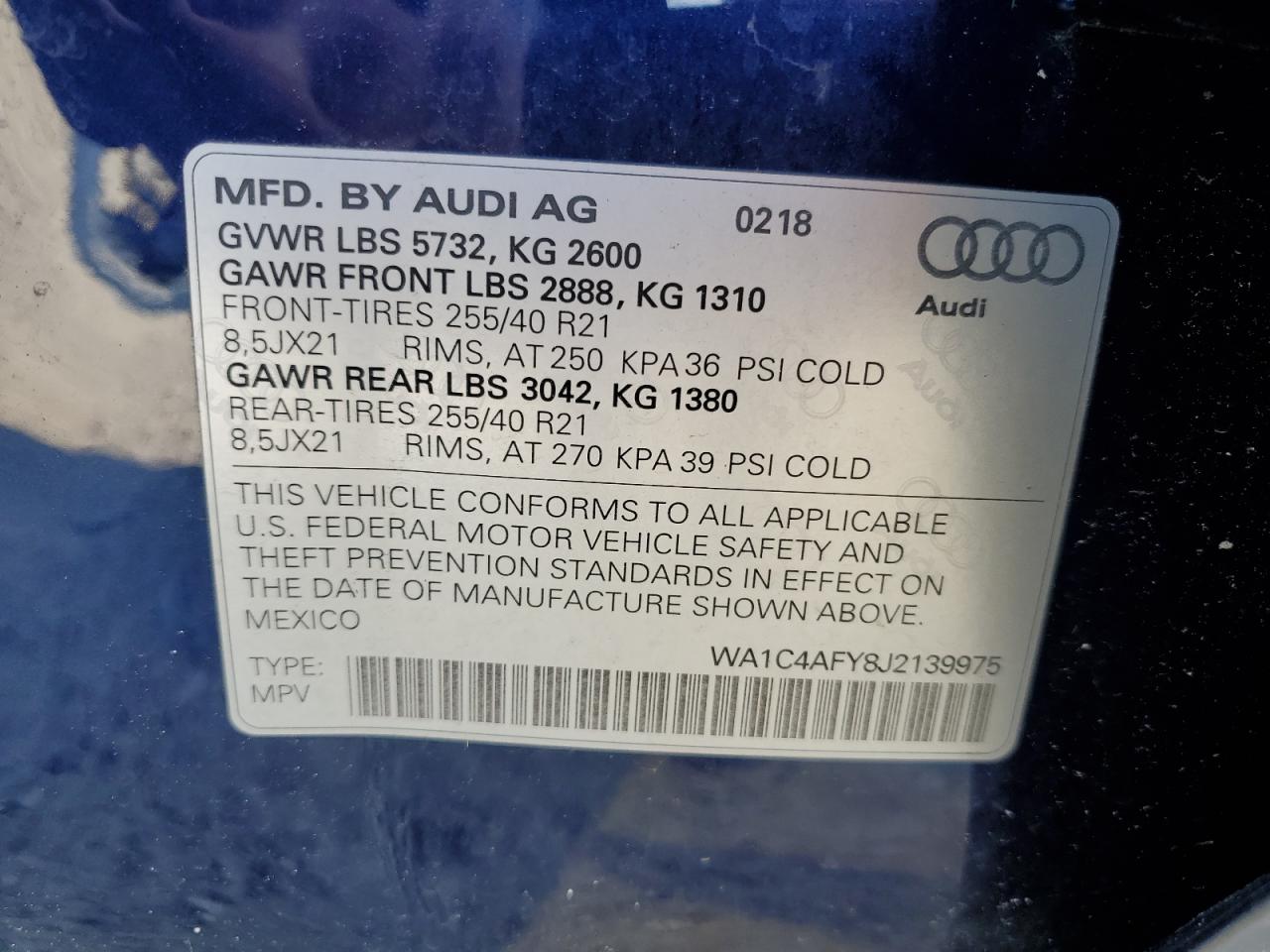 2018 Audi Sq5 Prestige VIN: WA1C4AFY8J2139975 Lot: 61394625