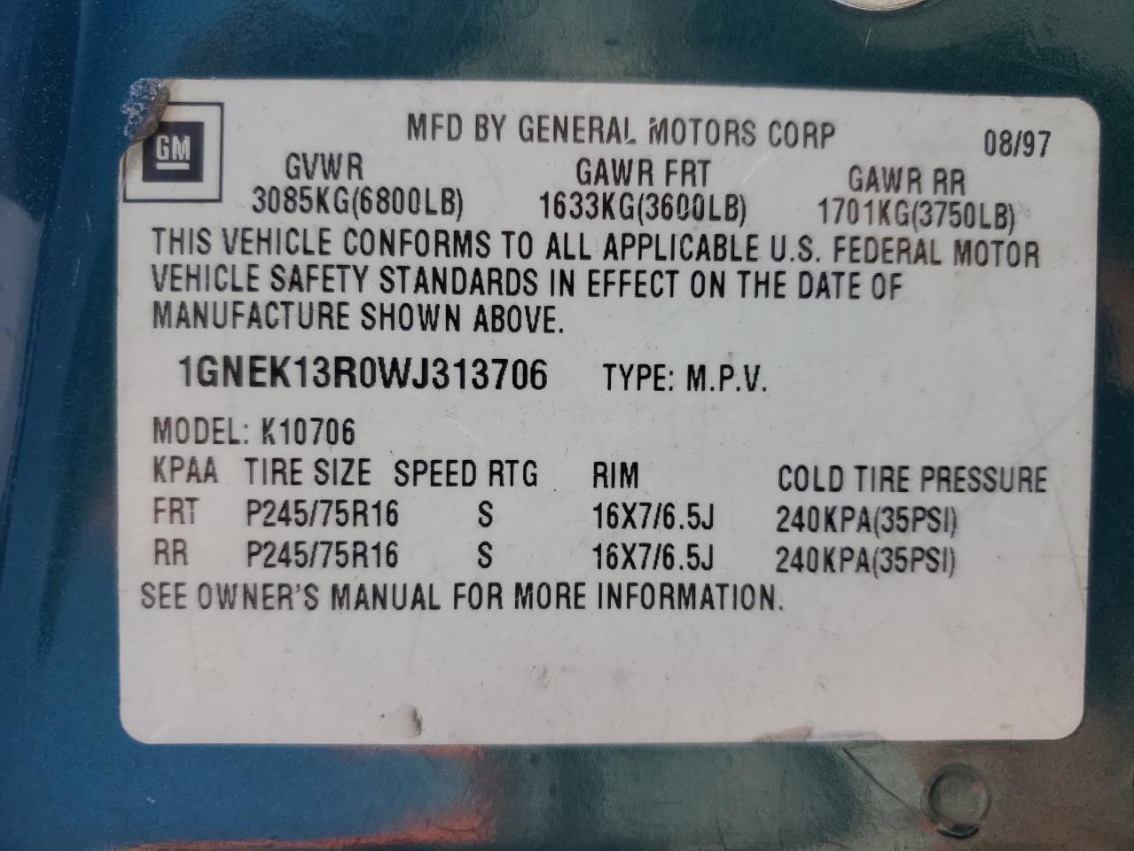 1998 Chevrolet Tahoe K1500 VIN: 1GNEK13R0WJ313706 Lot: 61010445