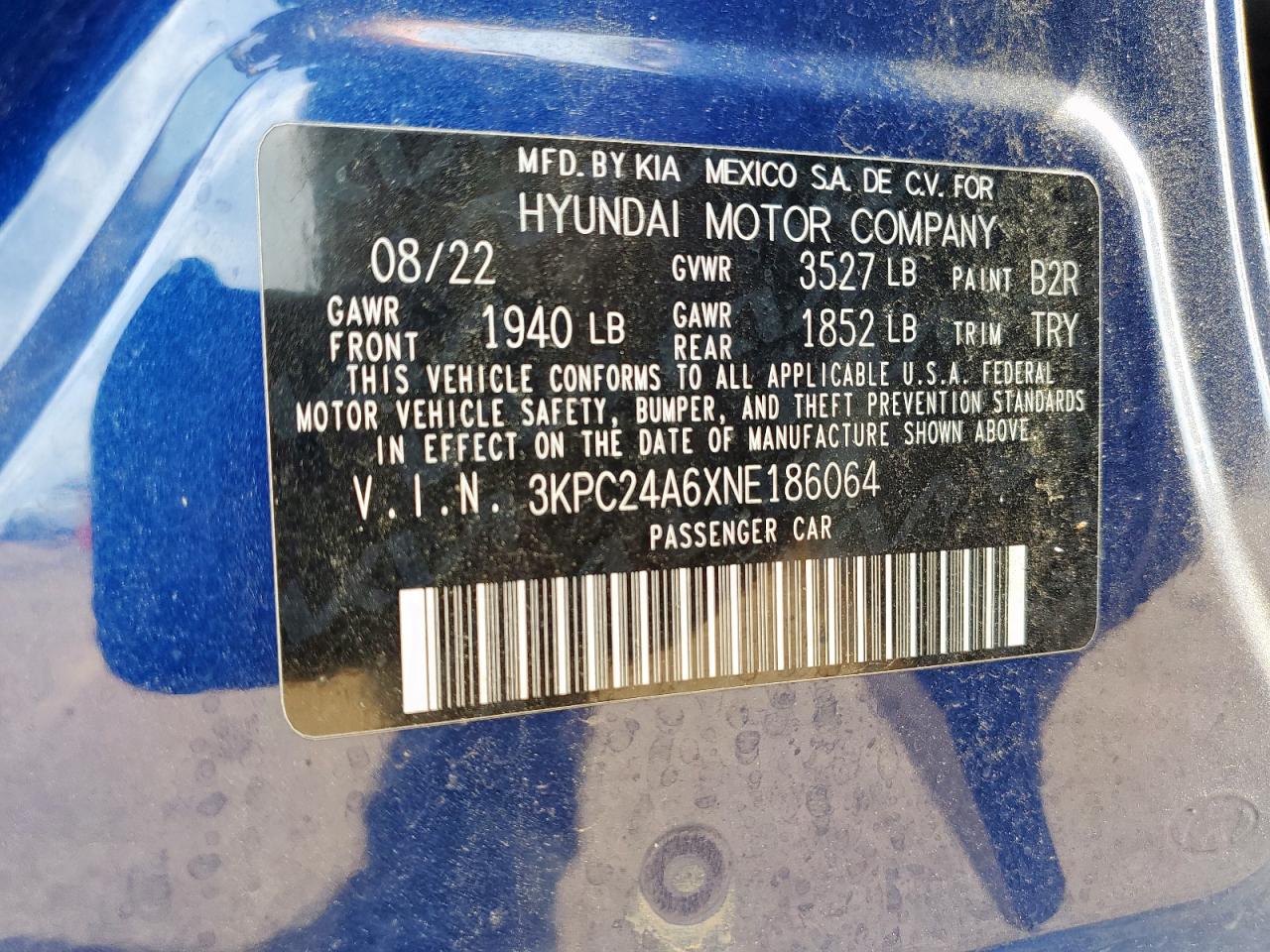 2022 Hyundai Accent Se VIN: 3KPC24A6XNE186064 Lot: 61242285