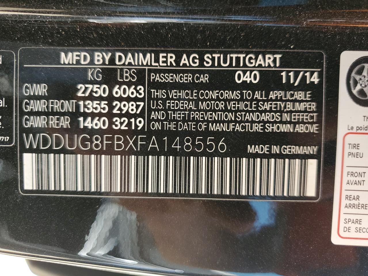 2015 Mercedes-Benz S 550 4Matic VIN: WDDUG8FBXFA148556 Lot: 62125315