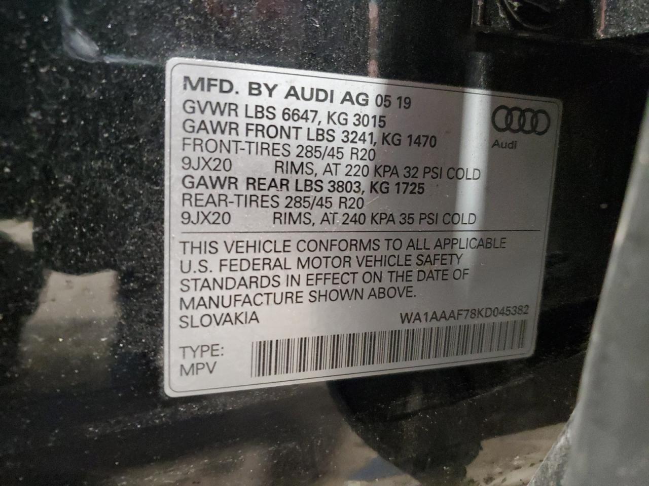 2019 Audi Q7 Premium VIN: WA1AAAF78KD045382 Lot: 59874445
