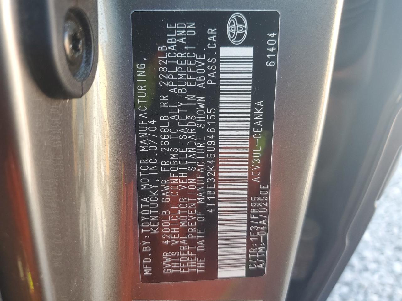 TOYOTA CAMRY 2005 VIN 4T1BE32K45U946155 фото 12