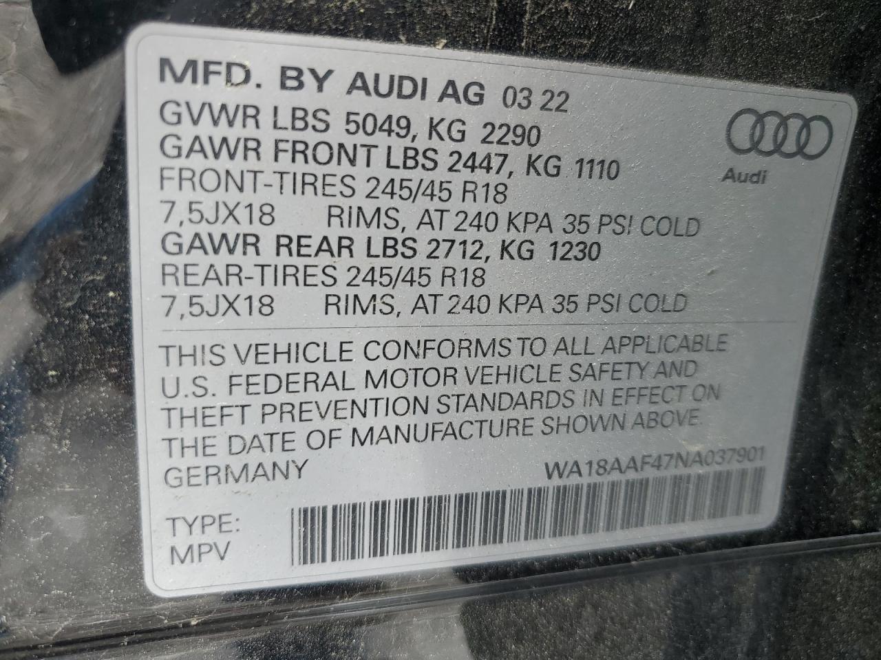 2022 Audi A4 Allroad Premium Plus VIN: WA18AAF47NA037901 Lot: 61925145