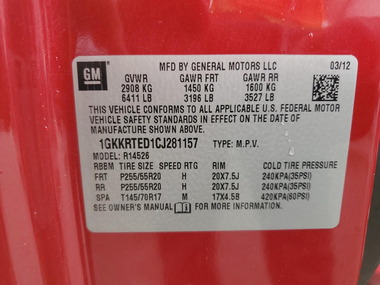 2012 GMC Acadia Denali VIN: 1GKKRTED1CJ281157 Lot: 60719035