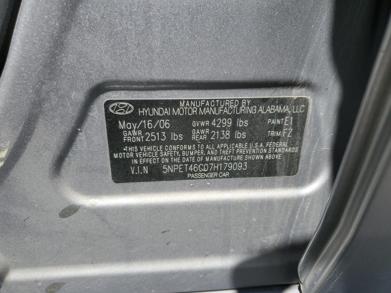 2007 Hyundai Sonata Gls VIN: 5NPET46C07H179093 Lot: 63020675